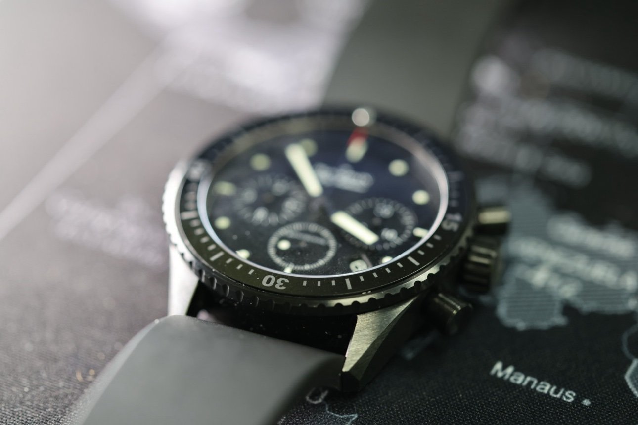 Blancpain Bathyscaphe from a low angle with shallow depth of field