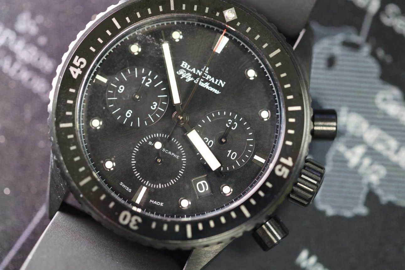 Blancpain Fifty Fathoms Bathyscaphe dial, straight-on macro